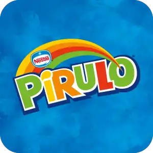 Kleurrijk logo van Nestlé Pirulo met een regenboogboog op een blauwe achtergrond.