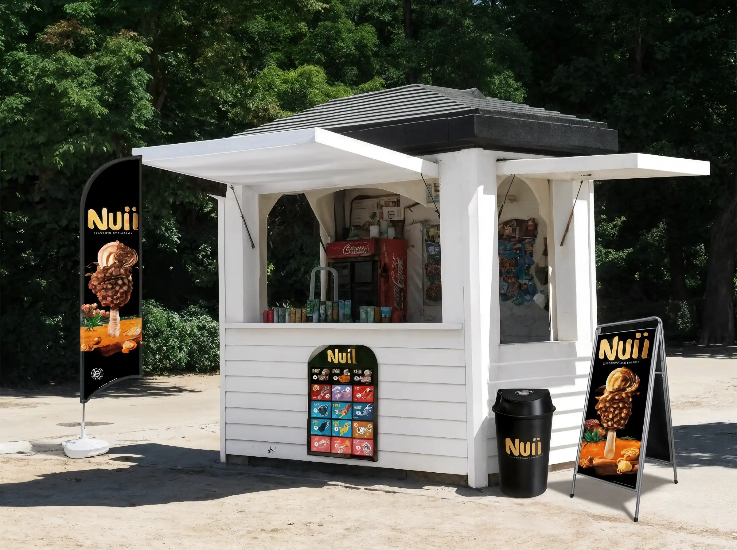 Witte kiosk met zwarte dakkapel, reclameborden en afvalbak met het logo van Nuii, een ijsmerk.