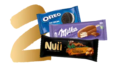 Drie verschillende ijsrepen: Oreo Ice Cream, Milka chocolade-ijsreep, en Nuii Australian Macadamia ijsreep.