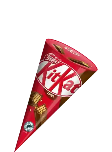 KitKat Cocoa ijsje in een rood puntzakje met chocolade en wafelstukken afgebeeld.