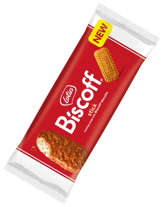 Verpakking van Lotus Biscoff Stick, een koekje omhuld met melkchocolade.