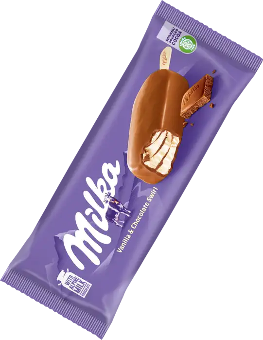 Milka vanille- en chocoladeswirl-ijslolly met melkchocolade en een swirl van vanille-ijs in een paarse verpakking.