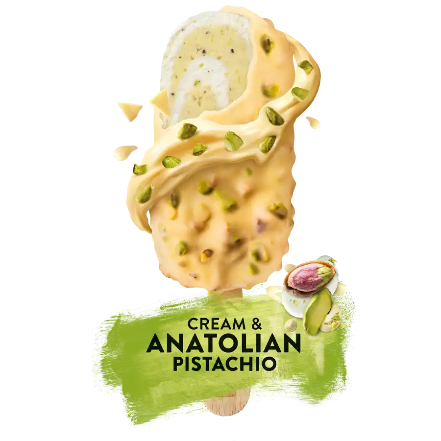 Roomijsstaaf met een pistachecrème coating en stukjes Anatolische pistachenoten.