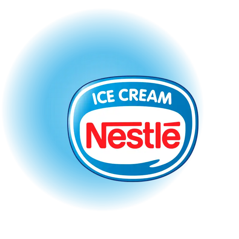 Nestlé logo met de tekst 'Ice Cream' op een blauwe achtergrond.