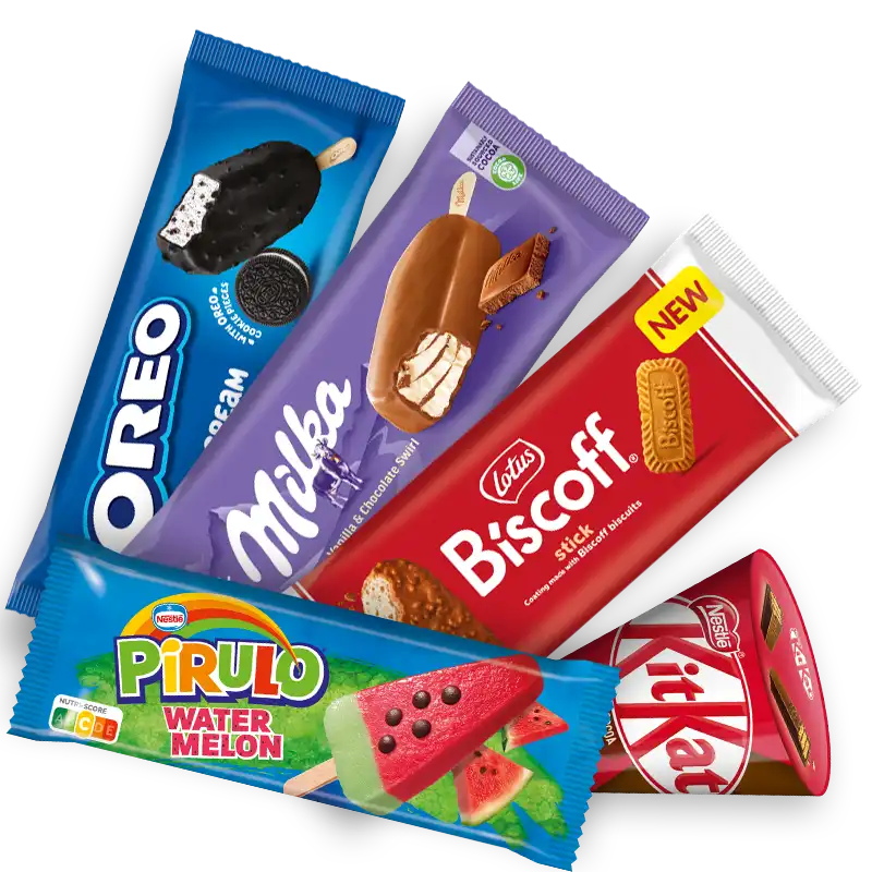 Vijf verpakte ijsjes van merken Oreo, Milka, Lotus Biscoff, Nestlé Pirulo watermeloen en KitKat.