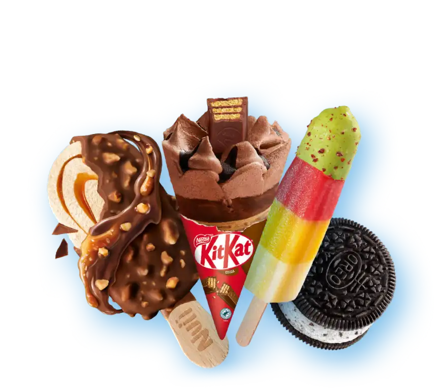 Vier verschillende ijsjes: een Magnum karamel-chocolade-ijsje, een KitKat chocolade-ijsje in een hoorntje, een meerkleurige fruitige ijslolly, en een Oreo ijskoekje.