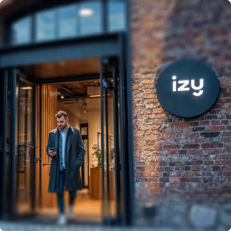 Person ved inngangen til et bygg med Izy-logo.