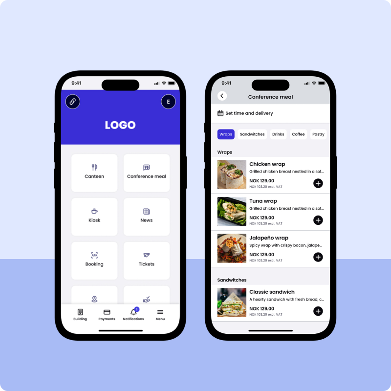 Skjermbilder fra Izy App som viser hjem-skjermen og møtemat.