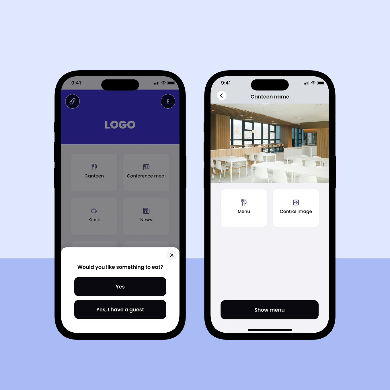 To mobiltelefoner som viser en kantineapp med menyer for kantine, konferansemåltid, kiosk og nyheter, samt et bilde av en kantine med tomme bord og stoler.