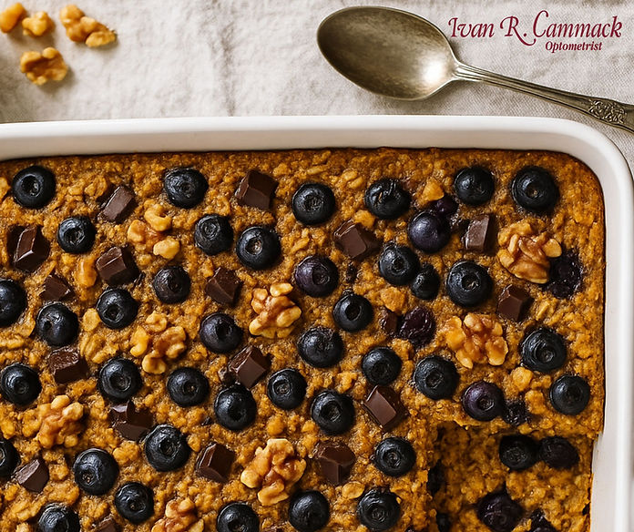 A baked oatmeal dish in a white rectangular baking dish is topped with fresh blueberries, walnuts, and dark chocolate chunks. An ornate silver spoon rests beside the dish on a light-colored linen cloth.