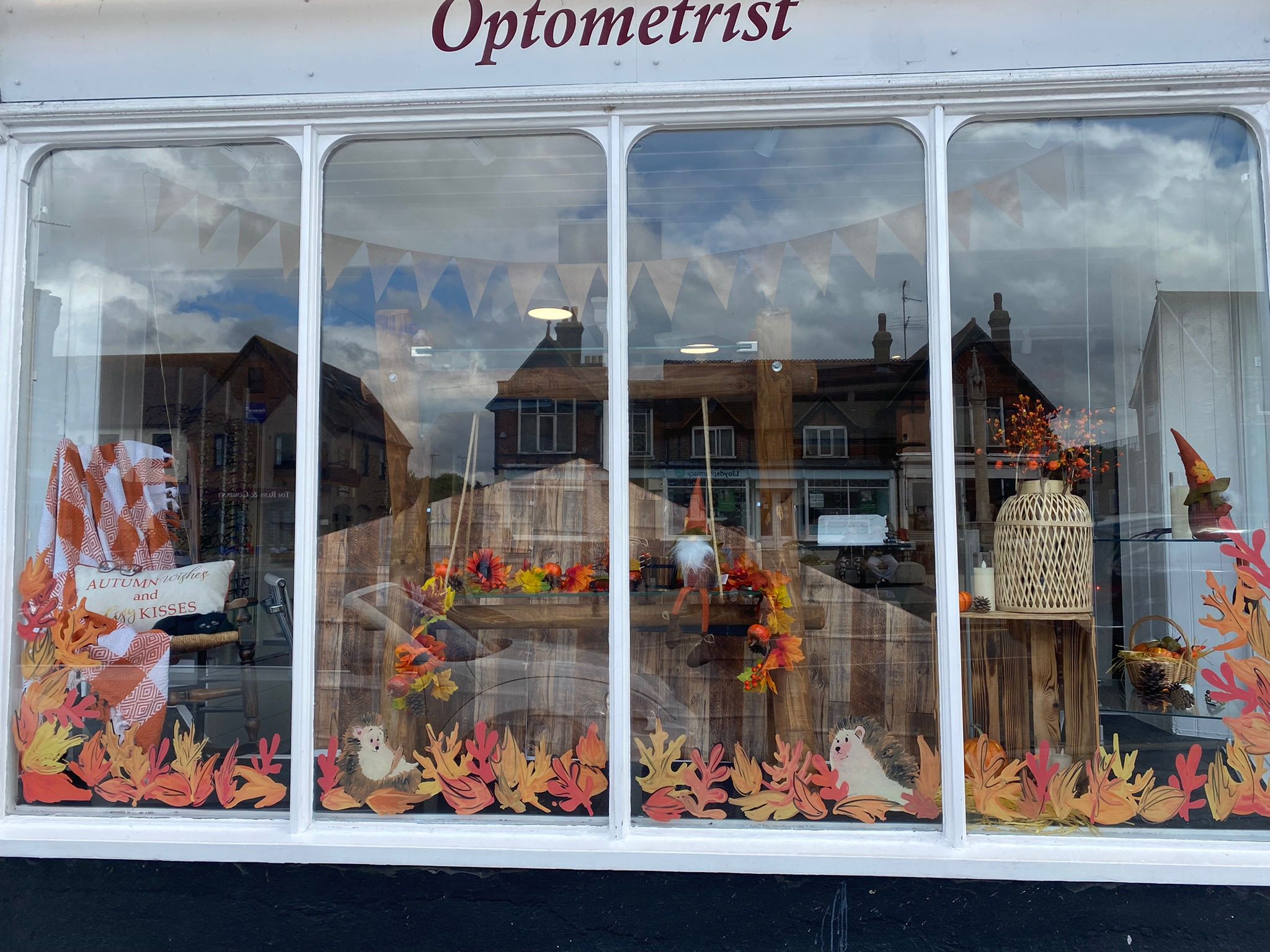 An autumn-themed optometrist window display featuring paper cutouts of colorful fall leaves along the bottom, bunting flags, wooden crates with seasonal decorations, hedgehog figures, and a wicker basket centerpiece.