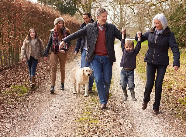 Multi-generational family walking together with a golden retriever on a tree-lined autumn path.