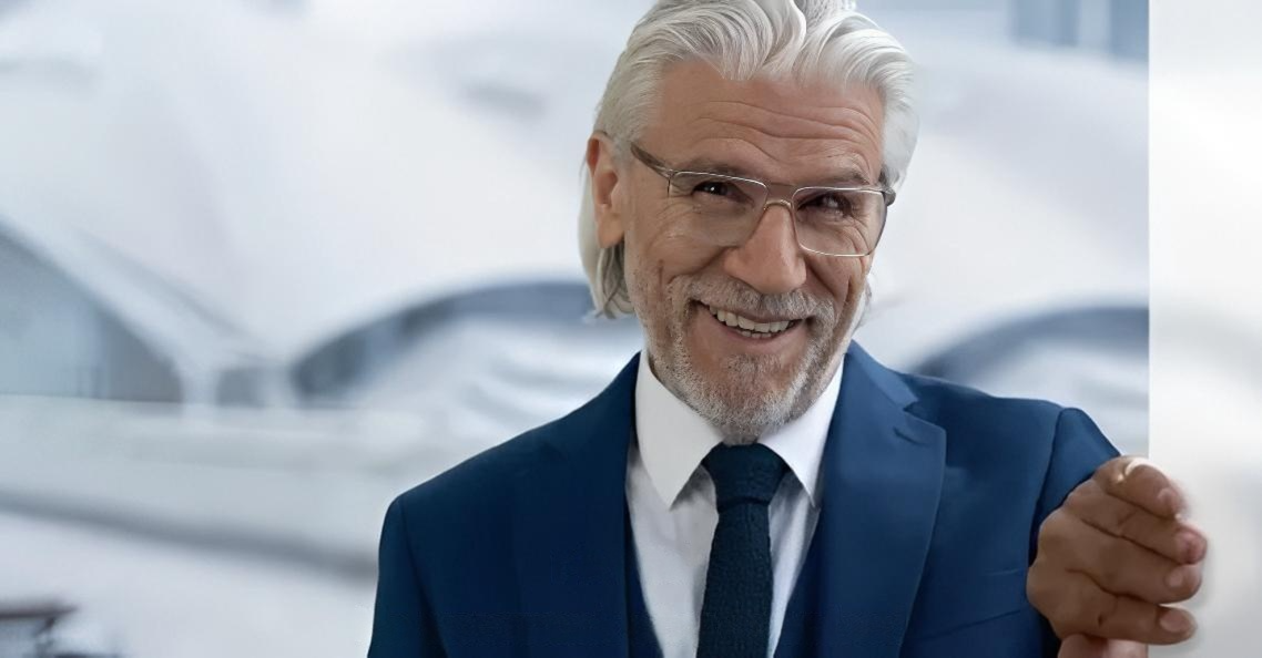Smiling businessman in navy suit and glasses standing in a modern office setting.