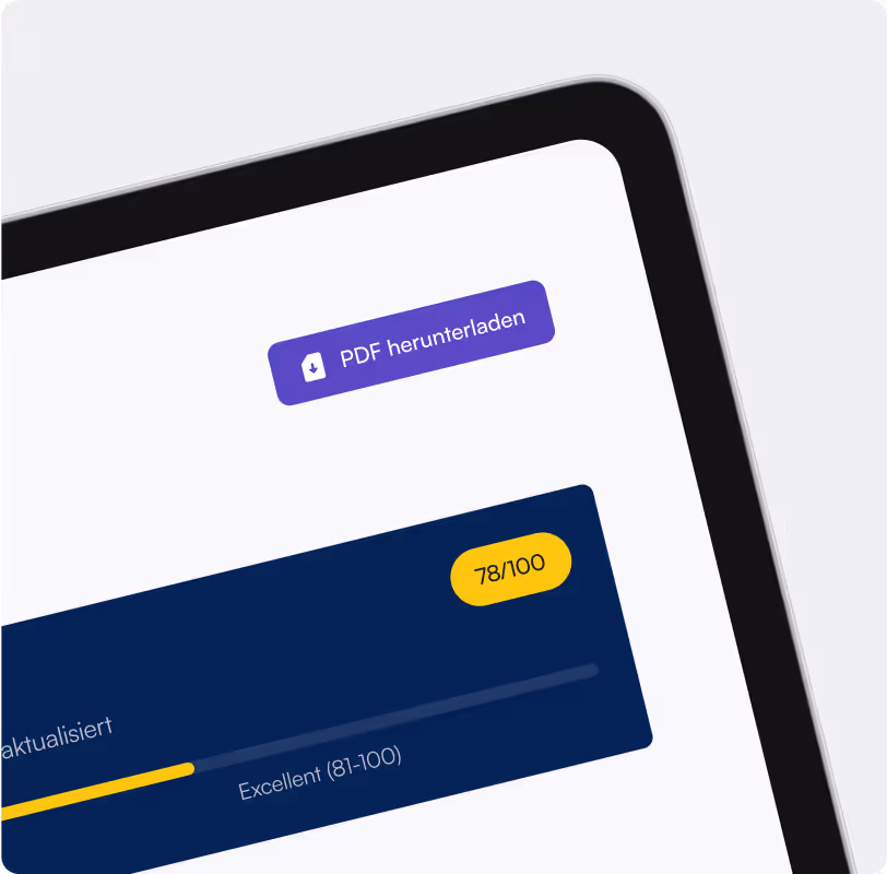 Ausschnitt des Gotaris Dashboards mit Score-Anzeige und Download-Button für wöchentliche Krypto-Reports als PDF.