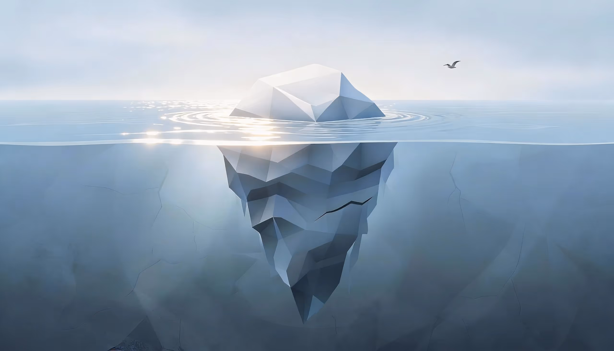 Iceberg illustrating visible website design and hidden SEO, structure, and ongoing optimisation beneath the surface
