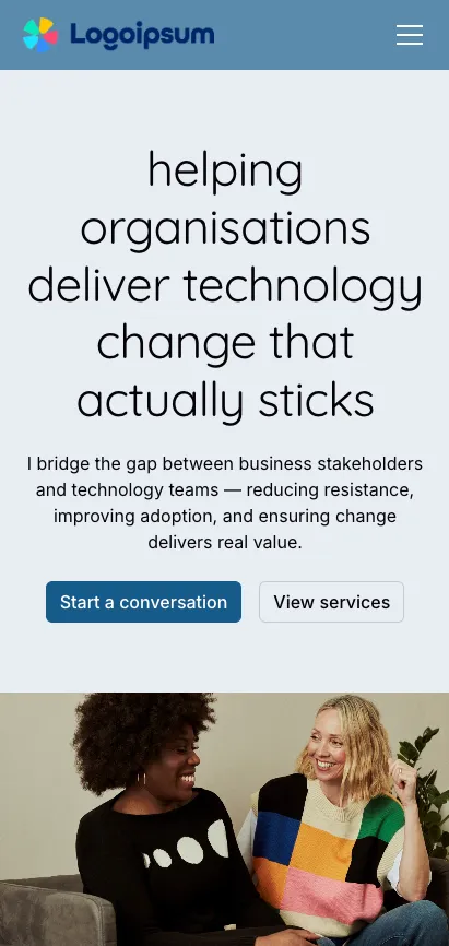 Mobile website screen showing a header with logo, menu icon, text about helping organisations deliver technology change, and two smiling women sitting and talking on a couch.
