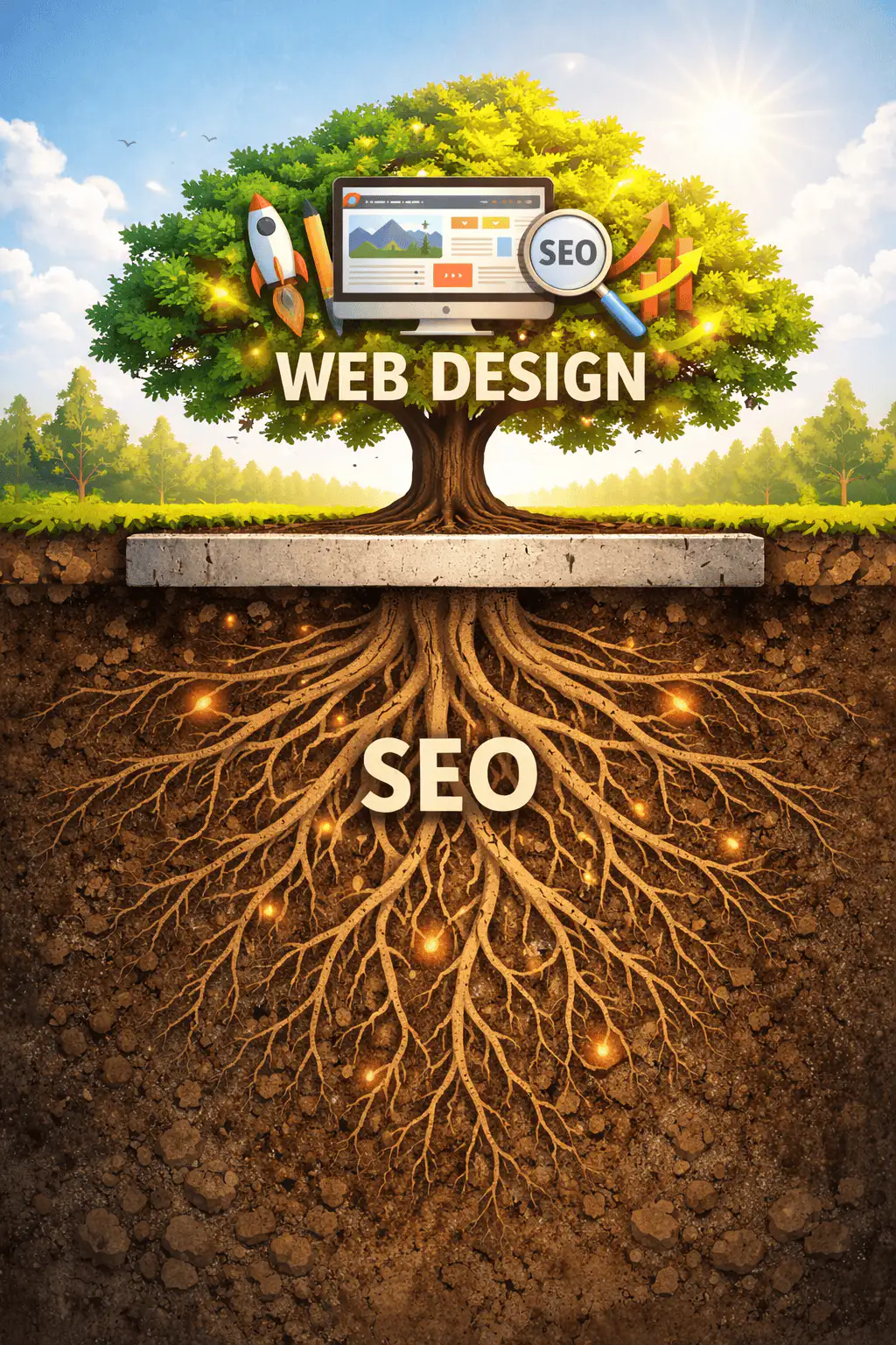 Tree and roots illustrating visible website design and hidden SEO, structure, and ongoing optimisation beneath the surface