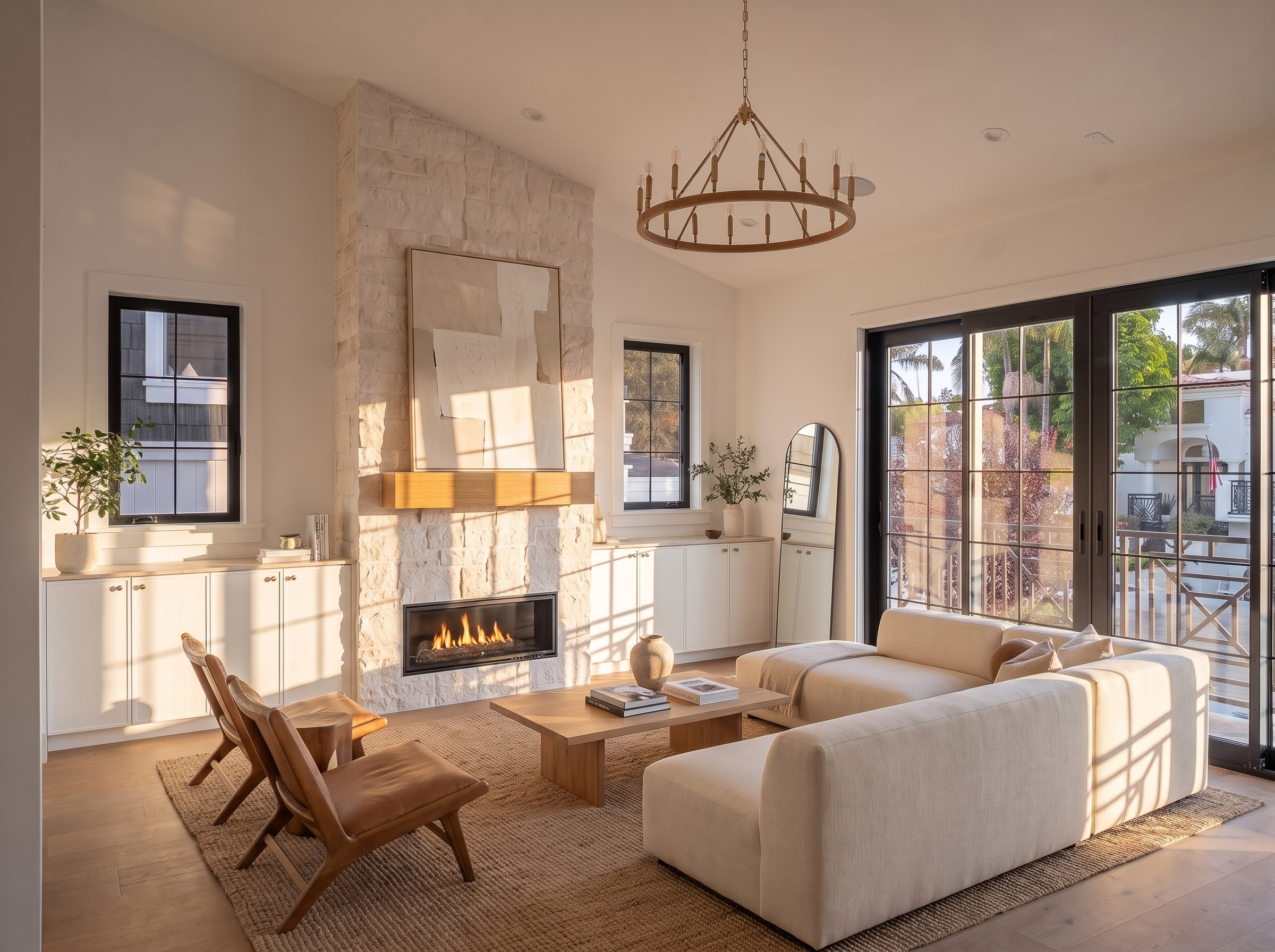 Pine Residence living room with stone fireplace