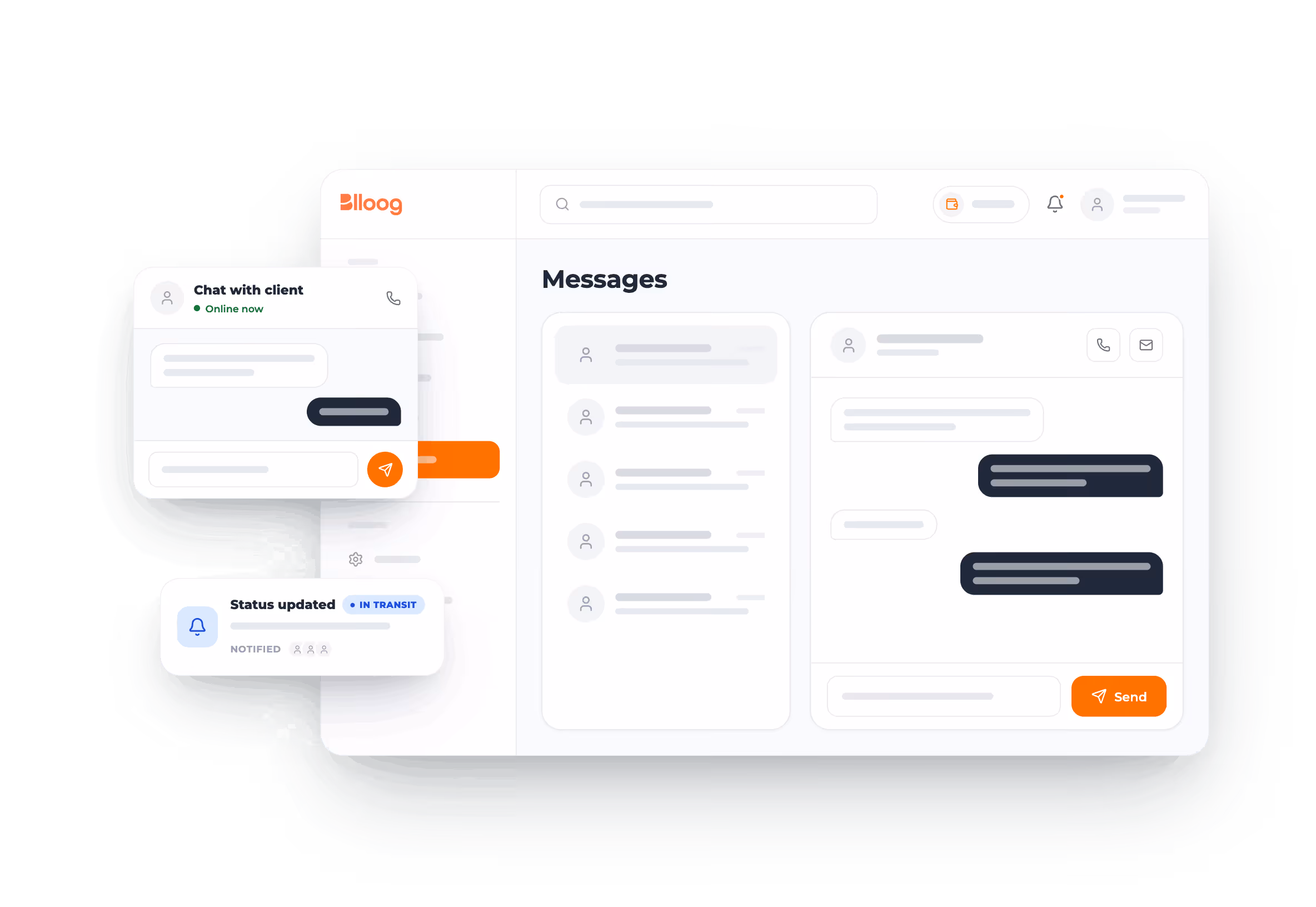 Messaging app interface showing chat with client, status update, and messages list in a clean layout.