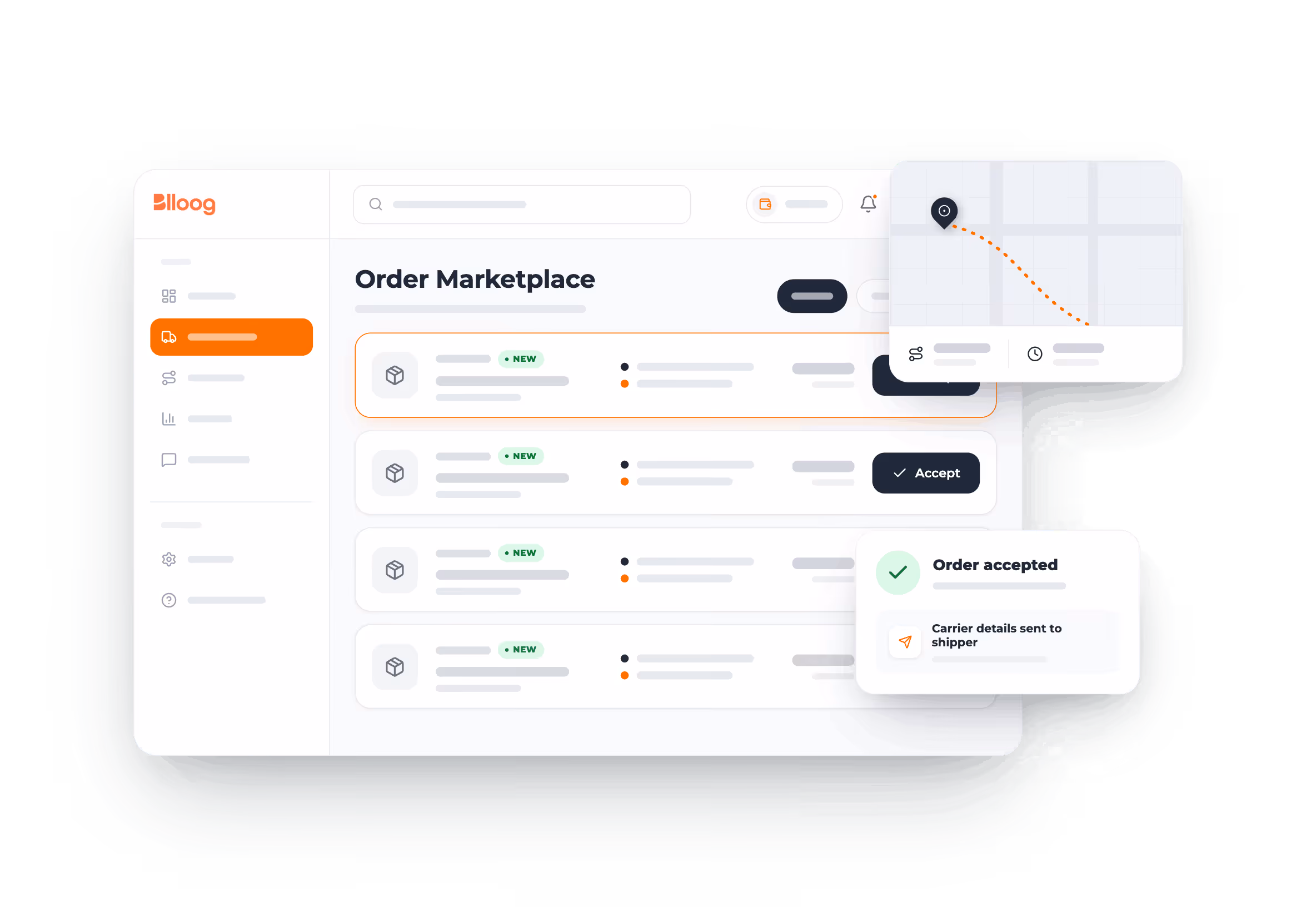 Order Marketplace screen with new orders, map route, and order accepted confirmation.