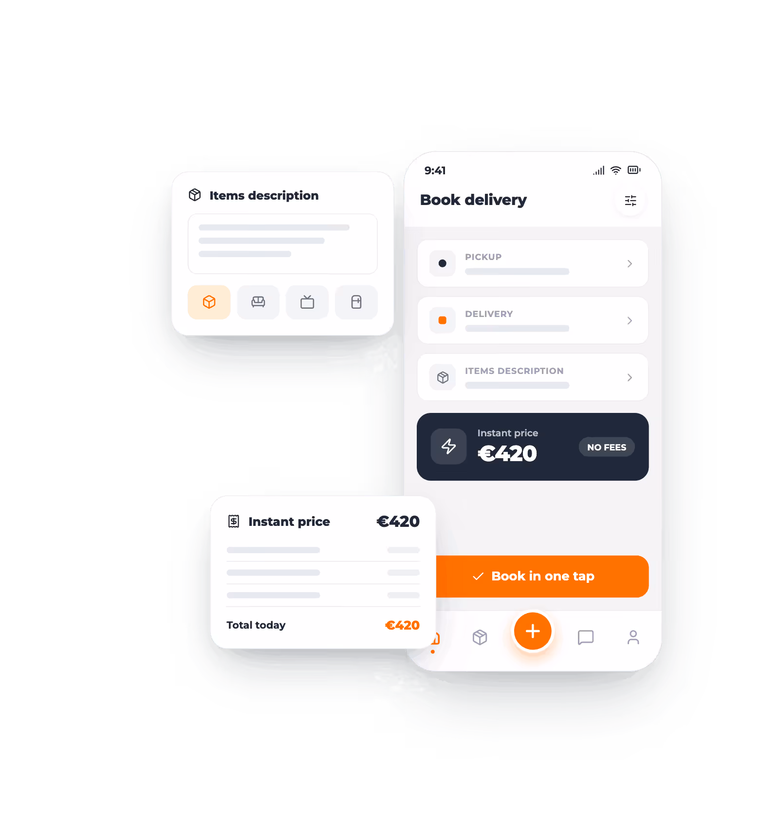 Mobile app screen showing book delivery options with instant price €420 and a book in one tap button.