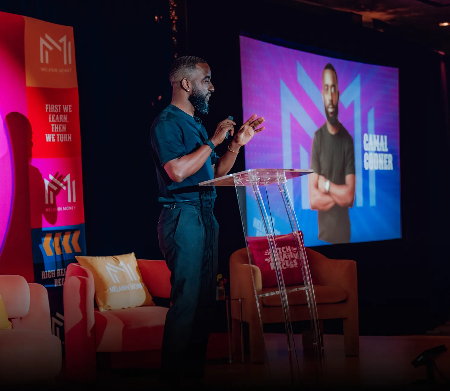 Codner delivers a keynote on entrepreneurship through acquisitions during a live educational event.