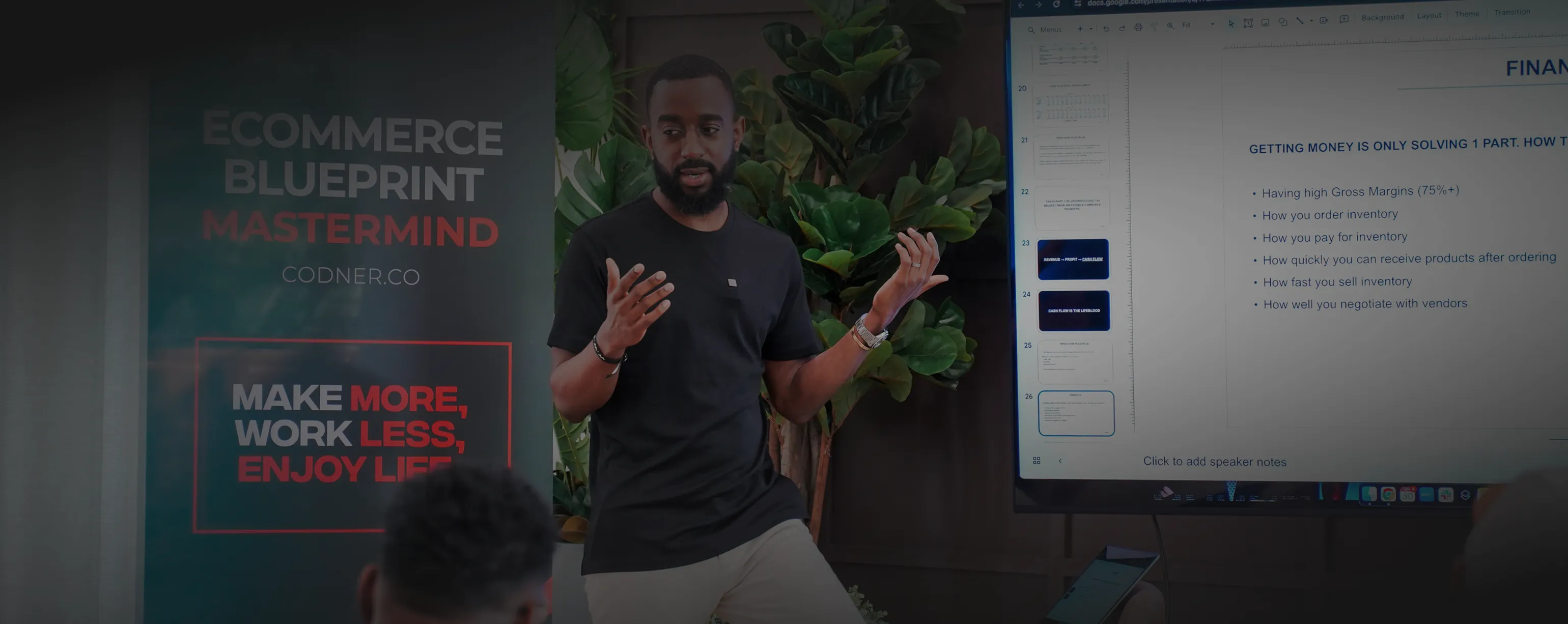 Codner teaches ecommerce strategy during a mastermind, explaining cash flow and inventory decisions as an ecommerce coach.