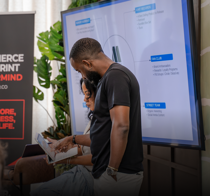 Codner reviews a tablet with a team member during a business coaching and advice session. A visual ecommerce growth framework is displayed on a screen behind them.