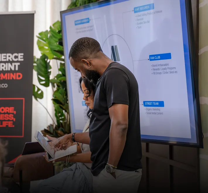 Codner reviews a tablet with a team member during a business coaching and advice session. A visual ecommerce growth framework is displayed on a screen behind them.