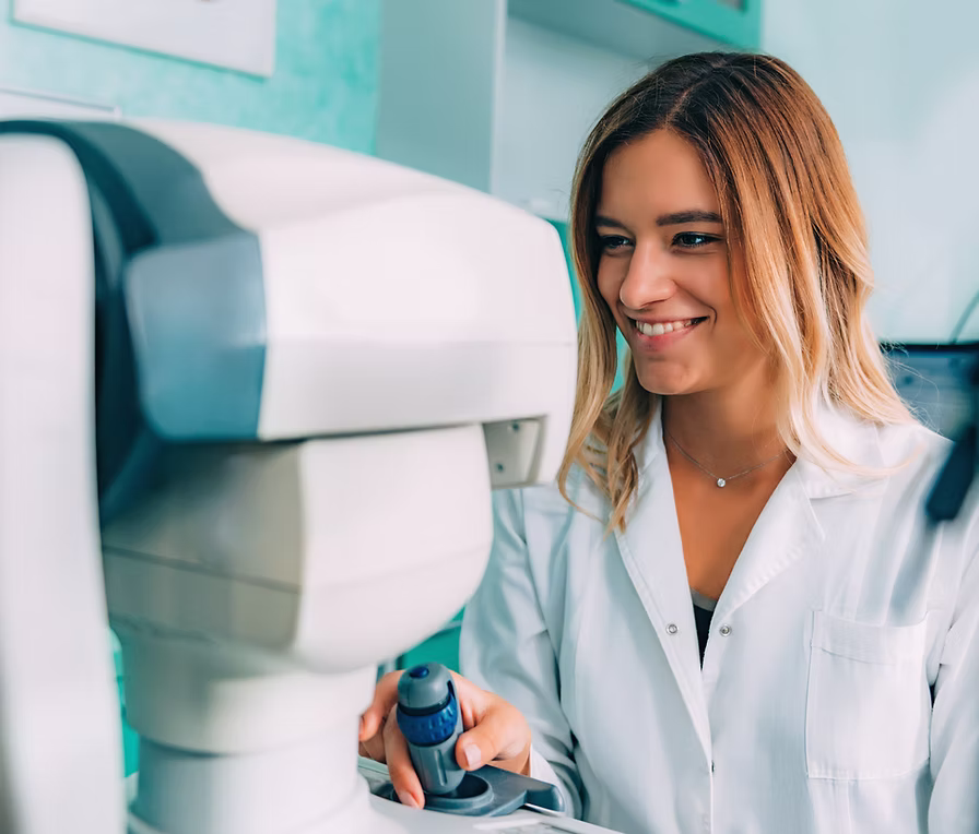 Smiling female eye care professional operating an ophthalmology auto refractometer in a clinical setting.
