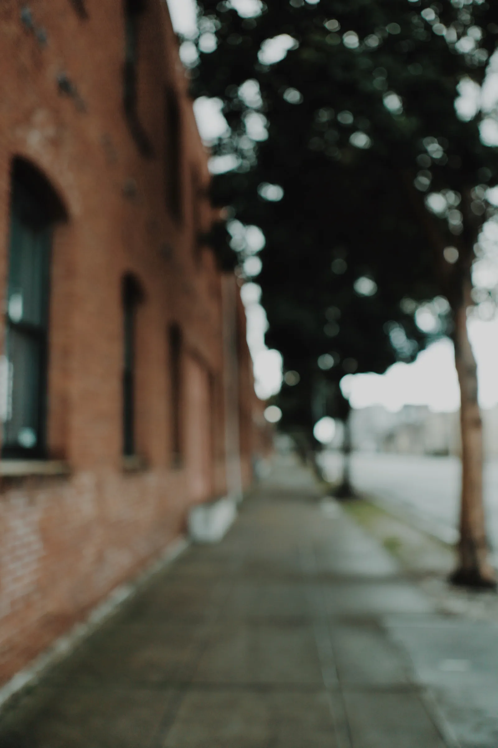 Out-of-focus street scene with a red brick building, trees, and sidewalk