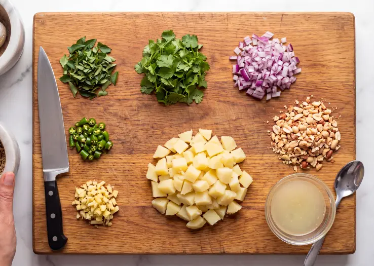 Finely chop the curry leaves, onion, green chillies, ginger, and potato