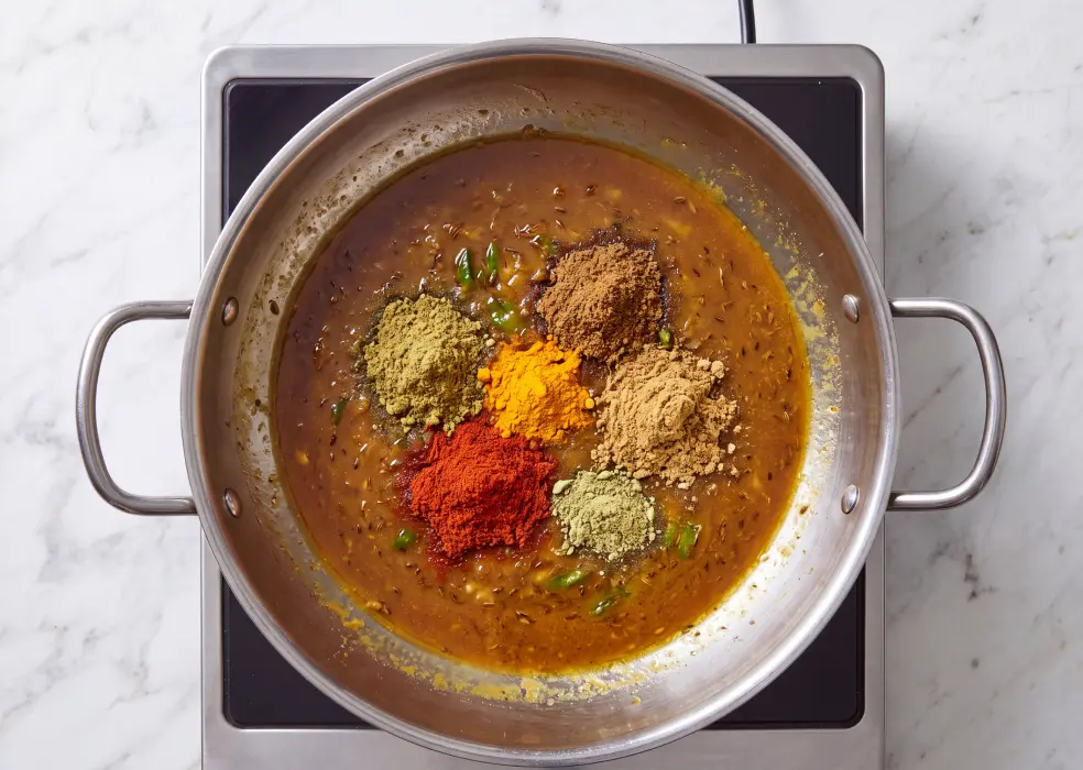 Kashmiri red chilli powder, turmeric powder, garam masala, coriander powder, cumin powder, and cardamom powder
