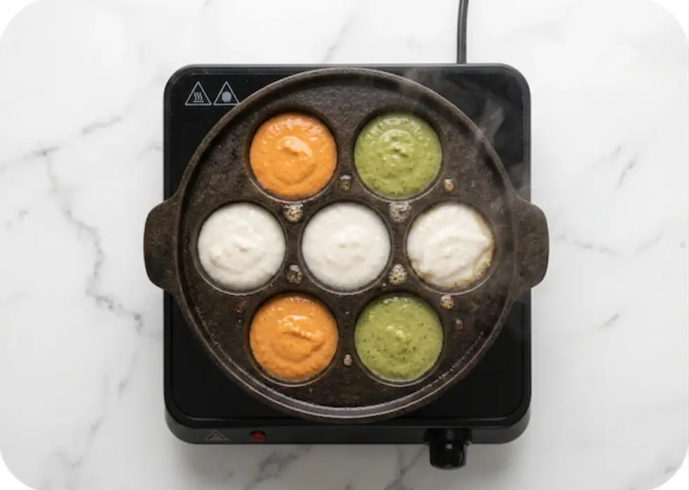 a paniyaram pan and spoon the batters in pan