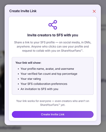 Invite creators to SFS popup inside ShareYourFans™ platform