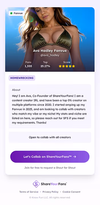 Example of a ShareYourFans™ SFS invite link showing creator stats and requirements