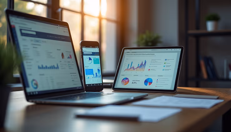 Eye-level view of a content creator’s workspace with multiple devices showing social media and analytics dashboards