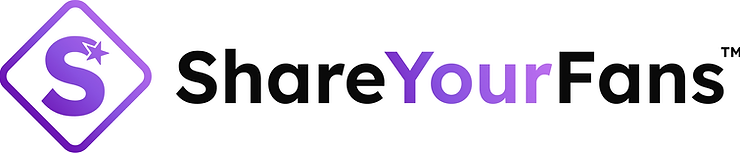 Purple logo with a star and "S" inside a diamond shape. Text: ShareYourFans in black and purple on a white background.