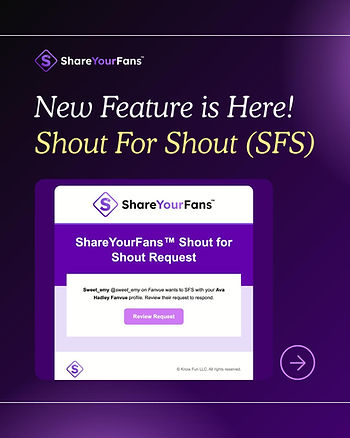 Purple-themed ad for ShareYourFans, announcing a "Shout For Shout" feature. Text says "New Feature is Here!" and displays a review request.