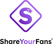Purple "S" with star in diamond shape above "ShareYourFans" text, gradient from purple to black. Clean, modern design on white background.