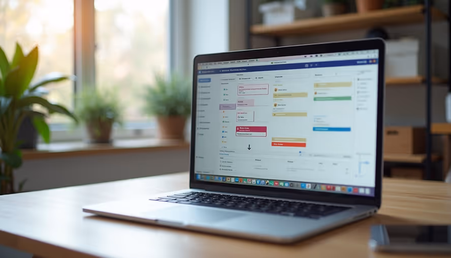 Eye-level view of a digital workspace with content planning tools on a laptop screen