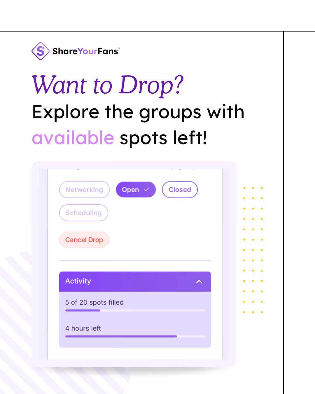 Graphic highlighting organic promotion strategies such as ShareYourFans Drops and exploring Drop Groups.