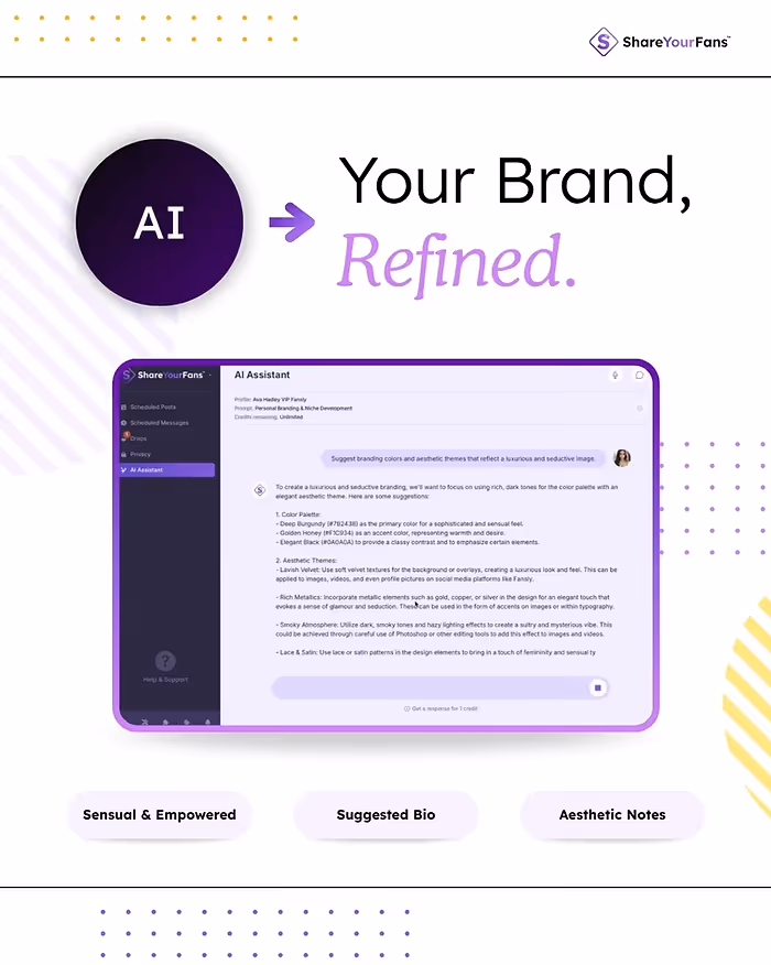 AI-themed design with "Your Brand, Refined" text. A screenshot of an AI assistant page is displayed, accented with purple tones and patterns.