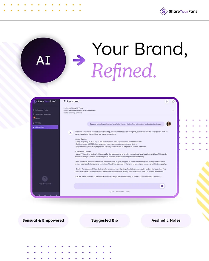 AI-themed design with "Your Brand, Refined" text. A screenshot of an AI assistant page is displayed, accented with purple tones and patterns.