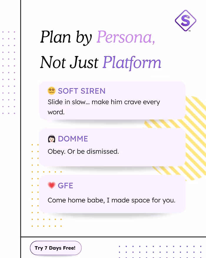 Text image with “Plan by Persona, Not Just Platform.” Features three messages: Soft Siren, Domme, and GFE. Purple, black, yellow accents.