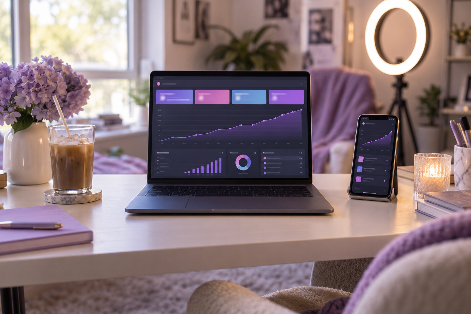 Laptop showing a purple growth dashboard on a creator's desk, with a phone, ring light and lavender flowers