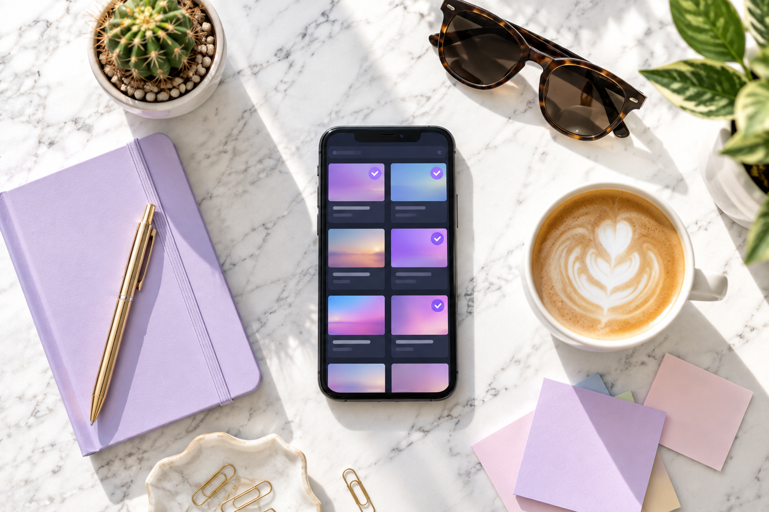 Phone showing a grid of promo listing cards on a white marble table, with a latte, a cactus, sunglasses and a lilac notebook