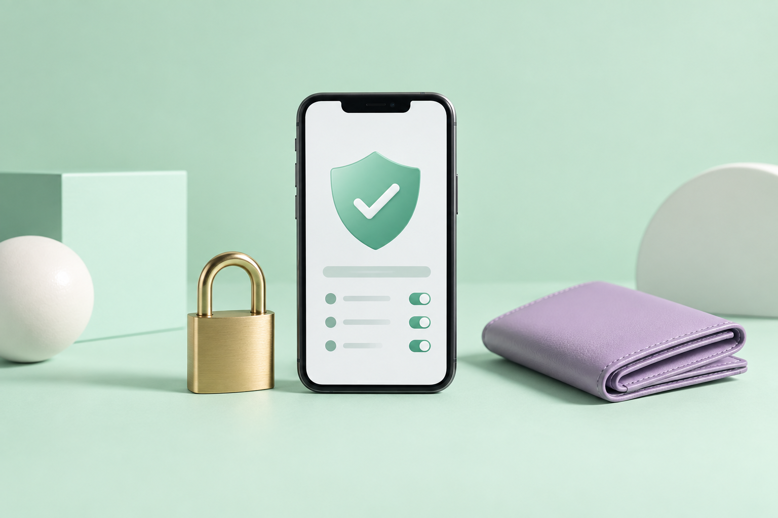 Phone showing a shield with a checkmark next to a brass padlock and a lilac wallet on a mint green background