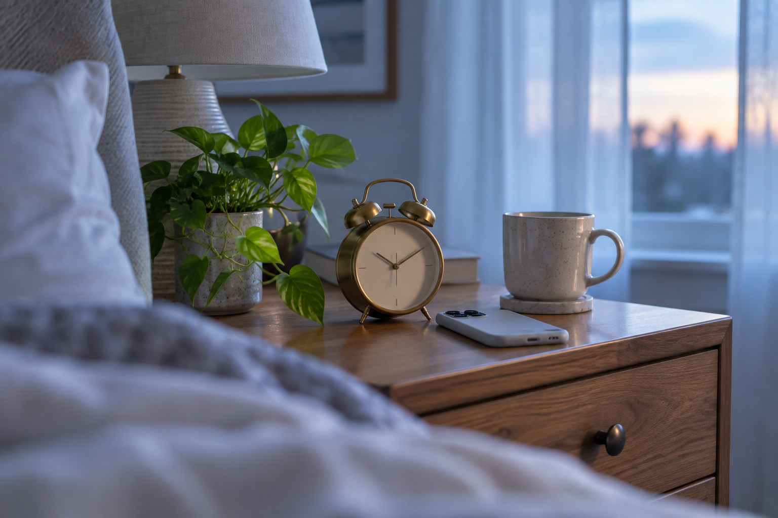 Brass alarm clock, a face-down phone and a coffee mug on a wooden nightstand in soft blue dawn light