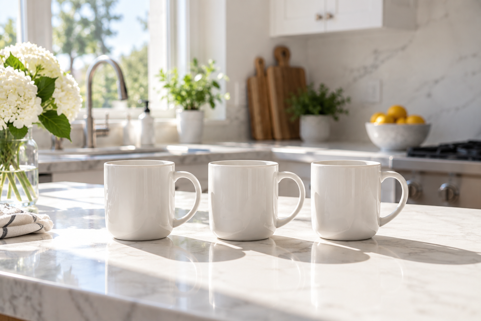 Three white mugs lined up on a sunlit marble kitchen counter, with white hydrangeas and a bowl of lemons behind them